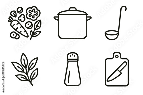 Cooking Ingredients Icons. Ingredients & Prep linear icon set. chopped vegetables, stock pot, ladle, herbs, salt shaker, cutting board