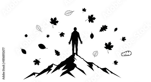 Confident individual stands atop majestic mountain peak surrounded by swirling autumn leaves, symbolizing achievement and seasonal change