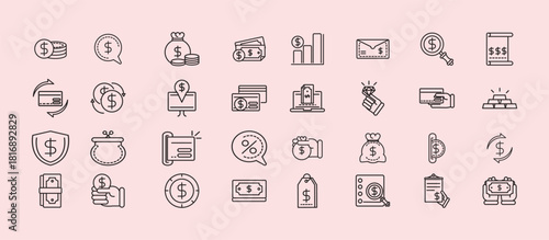 Invoice icon set. Containing receipt, bill, tax, paid, statement, accounting, transaction, barcode, financial and more. Solid vector icons collection.