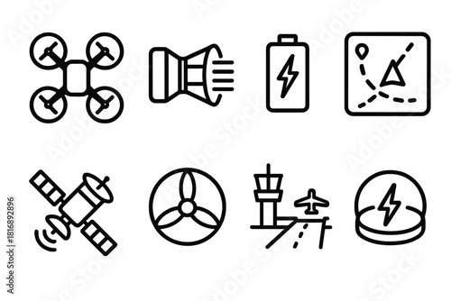 Aerial Tech Icons. Aerial Innovation linear icon set: quadcopter, wind tunnel, energy cell, navigation screen, satellite link, propeller ring, airfield, charging pad