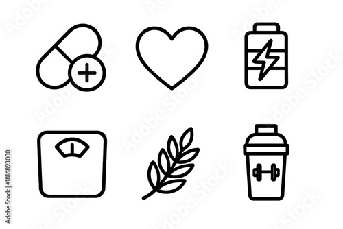 Nutrient Balance Icons. Nutrient Balance linear icon set. vitamin capsule, heart symbol, energy bar, scale, fiber icon, protein shake