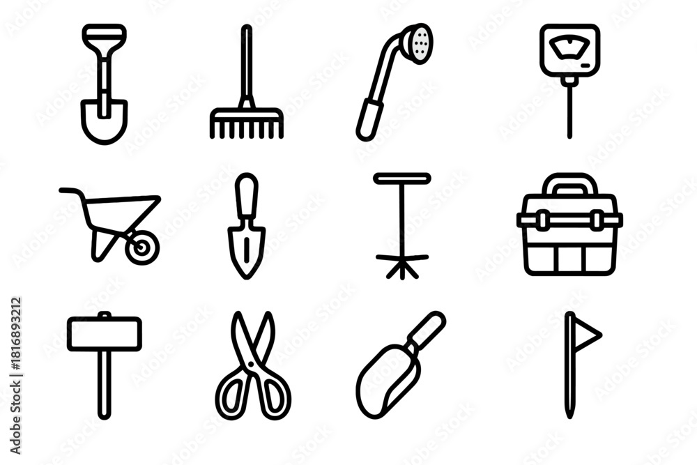 Obraz premium Garden Tools Icons. Collaborative Garden Equipment linear icon set: spade, rake, watering wand, soil test kit, garden cart, planting dibber, compost stirrer, tool organizer box