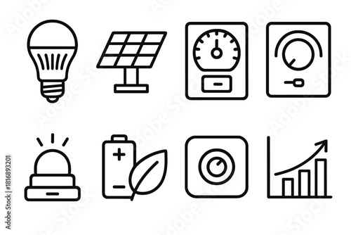 Energy Efficient Icons. Energy Efficient Lighting linear icon set. LED bulb, solar panel, timer switch, dimmer, light sensor, battery, leaf, chart.