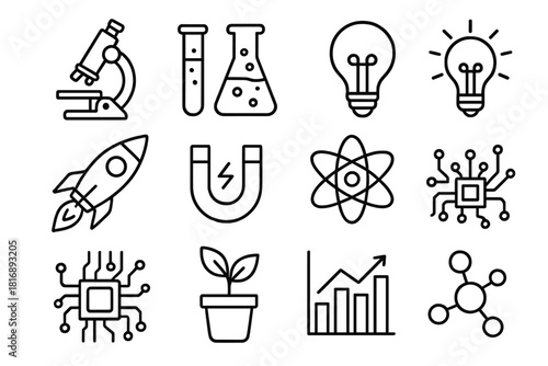 Science Fair Icons. Science fair linear icon set: microscope, test tube, beaker, flask, light bulb, rocket, magnet, atom, circuit board, plant, data chart, model