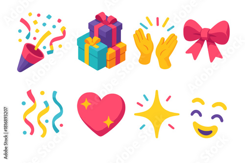Vibrant Celebration Icons. Celebration Joy flat icons set. confetti shower, gift pile, joyful hands, shining bow, colorful streamers, glowing heart, sparkling light, laughter lines