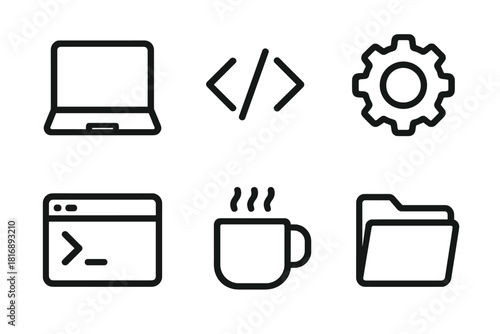 Coding Icons Set. Coding Essentials linear icon set: laptop, code brackets, gear, terminal window, coffee cup, file folder