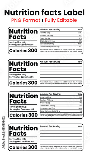 Nutrition facts label featuring editable png format for creating custom food labels with calorie information