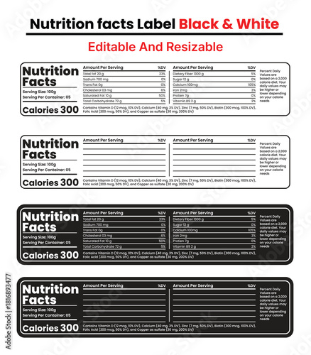 Nutrition facts label black and white editable and resizable, showing different styles and layouts for product information