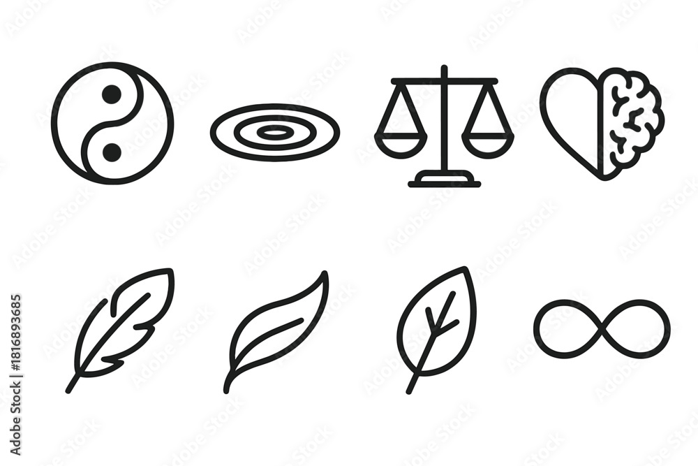 Fototapeta premium Symbolic Balance Icons. Emotional Balance linear icon set: yin-yang, water ripple, scale, heart and brain, feather, flow line, leaf, infinity loop