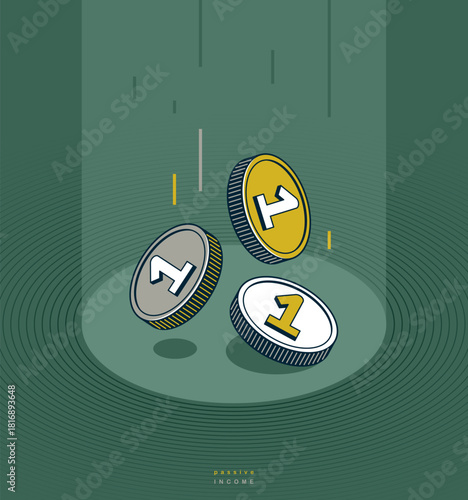 Passive income concept poster, coins falling down vector icon style illustration, revenue and interest metaphor, royalty.