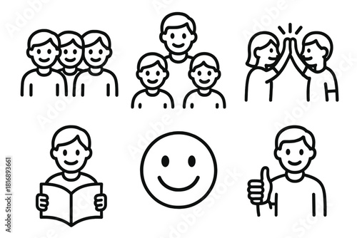 Student Engagement Icons. Student Engagement linear icon set: group of students, mentor figure, smile, high five, open book, thumbs up