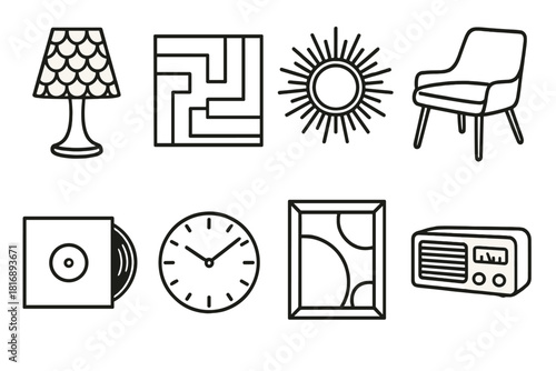 Retro Icon Collection. Retro décor linear icon set: patterned lamp, geometric rug tile, sunburst mirror, mid-century chair, record sleeve, wall clock, framed abstract art, table