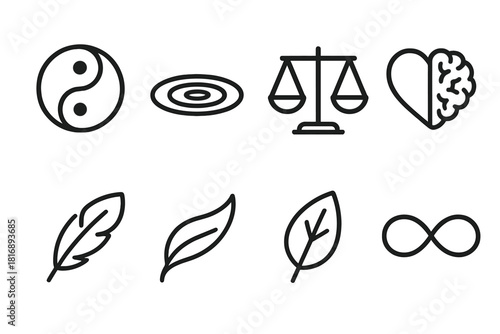 Symbolic Balance Icons. Emotional Balance linear icon set: yin-yang, water ripple, scale, heart and brain, feather, flow line, leaf, infinity loop