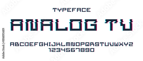 Glitch noisy geometric vector font in analog style, futuristic cyberpunk typeface with digital grunge effect, matrix typography alphabet letters and numbers.