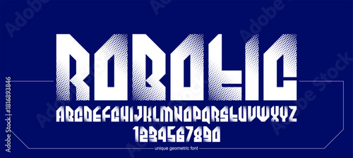 Bold and massive heavy geometric font for logo creation, modern geometrical vector display typeface, typography with no round elements, only corners and straight lines geometry.