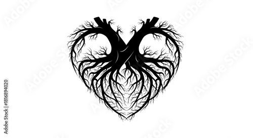 Stunning black heart tree roots symbol represents deep connection growth and love in a striking minimalist design