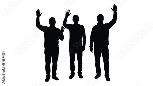 Three men waving silhouettes isolated on white background, Vector