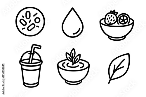 Yogurt Icon Collection. Healthy Yogurt Set linear icon set: probiotic symbol, low-fat label, fruit blend bowl, smoothie cup, oat swirl, green leaf