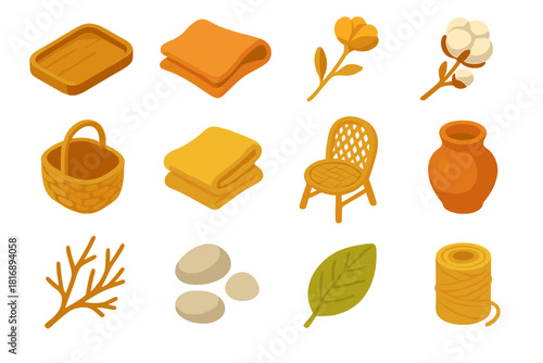 Natural Material Icons. Natural Materials flat icons set. wooden tray, linen cloth, dried flower, cotton branch, wicker basket, wool fabric, rattan chair, clay pot, branch decor