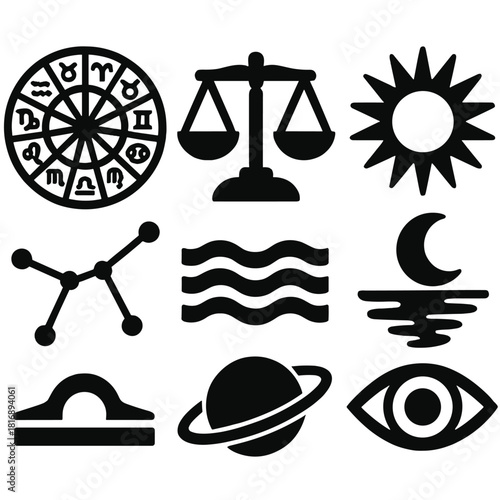 Astrological Icon Set. Astrological Balance silhouette icon set: zodiac wheel, Libra scales, sunburst, moonlight reflection, constellation lines, cosmic waves, planet orbit, eye of