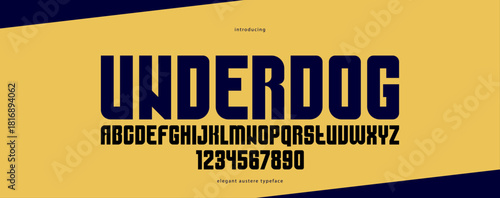 Bold simple sans serif display font for logos headers or slogans, vector thick and heavy geometric typeface, uppercase letters alphabet with numbers, poster and advertising.