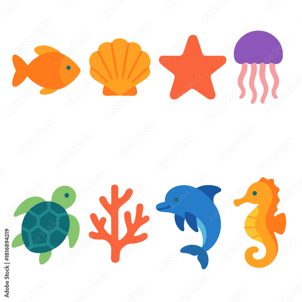 Naklejka premium Vibrant Ocean Icons. Ocean life flat icon set: fish, seashell, starfish, jellyfish, sea turtle, coral branch, dolphin, seahorse