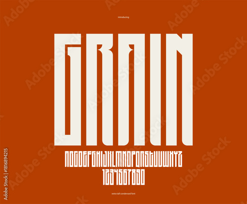 Geometric condensed sans serif typeface, vector tall and massive simple minimal font, poster and advertising letters and numbers alphabet for logos headers or slogans.