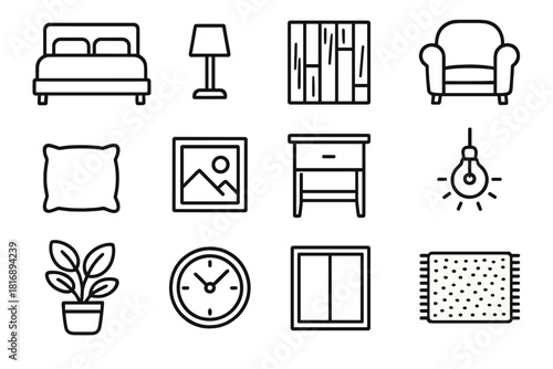 Minimalist Bedroom Icons. Modern Cozy Bedroom linear icon set: minimalist bed, bedside lamp, wooden floor, cozy chair, soft pillow, framed picture, nightstand drawer, warm light