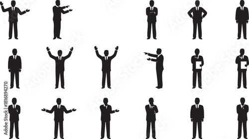 Silhouettes of businessmen in various poses, depicting different actions and expressions in a professional setting
