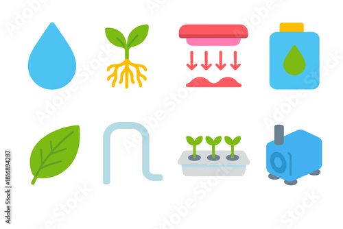 Hydroponic Farming Icons. Hydroponic Farming flat icons set. water droplet, plant roots, LED light, nutrient tank, leaf, tube, tray, pump