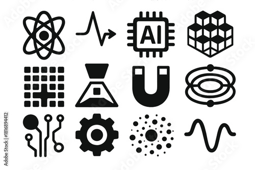 Quantum Icons Collection. Advanced Quantum Systems silhouette icon set: atom orbit, photon line, AI chip, cube grid, data matrix, holographic beam, magnet, energy field, circuit
