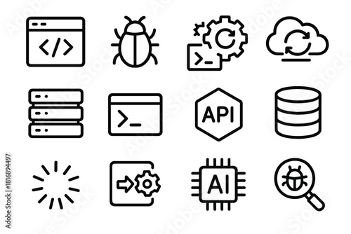 Tech Icon Grid. Game Programming linear icon set. code window, bug icon, gear, cloud sync, server stack, terminal window, API symbol, database, loading wheel, compile icon, AI chip
