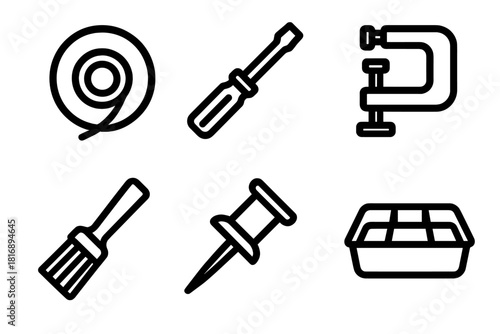 Outlined Tool Icons. Tools linear icon set: tape reel, mini driver, sturdy clamp, repair brush, fastening pin, tool tray
