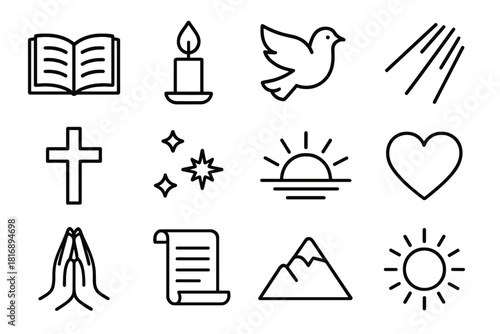 Spiritual Icon Collection. Faith & Revelation Set linear icon set. open book, candle flame, dove, light beam, cross, stars, sunrise, heart, praying hands, scroll, mountain peak