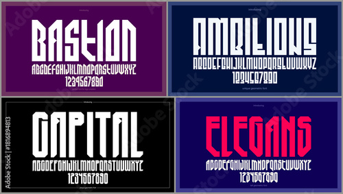 Brutal geometric vector fonts set, bold and massive alphabet typefaces, strong and heavy typeset collection, useful for logo creation, urban letters set.