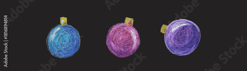 three Christmas Balls Trois boules de Noël colorées dessinées au pastel, décorations festives faites main pour cartes, affiches et projets créatifs