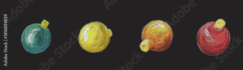 four christmas Balls quatre boules de Noël colorées dessinées au pastel, décorations festives faites main pour cartes, affiches et projets créatifs