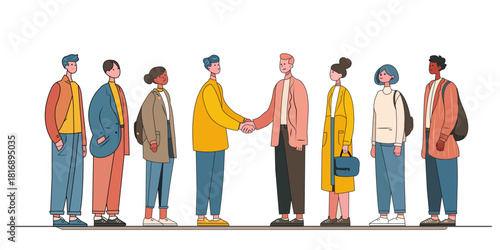 Diverse group of people standing in a line with two individuals shaking hands in the center representing collaboration and agreement