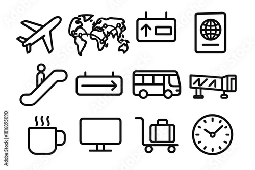 Travel Icons Overview. Flight Connections linear icon set: airplane, world map, gate number, transfer sign, passport, escalator, bus, boarding bridge, coffee mug, monitor, trolley
