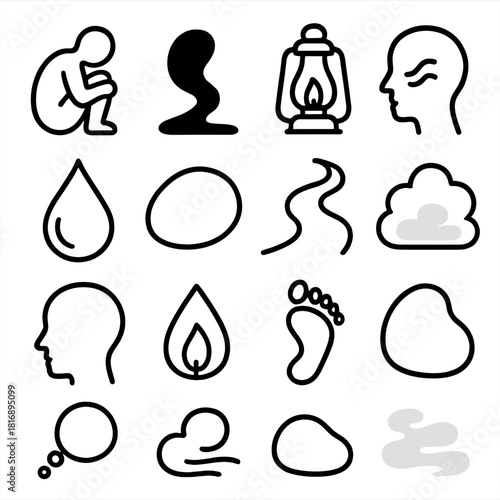 Inner Isolation Symbols. Inner Isolation linear icon set: curled silhouette, shadow curve, dim lantern, fragile breath icon, reflective droplet, quiet stone, inward path, soft haze