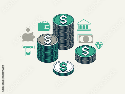 Coins vector set, cash stack icons or illustrations 3d isometric style, success or casino game theme, treasures.