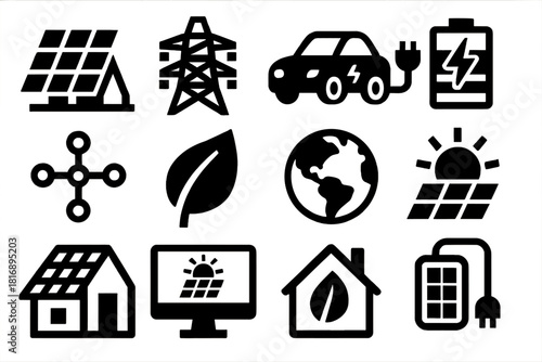 Clean Solar Icons. Clean Solar Future silhouette icon set: large solar farm, transmission tower, electric car, energy storage, smart grid, green leaf, global earth, sunny weather