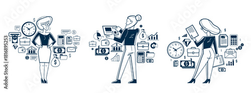 Business person analyzing and organizing financial deals vector outline illustration set, entrepreneur company leader working on some commercial project.