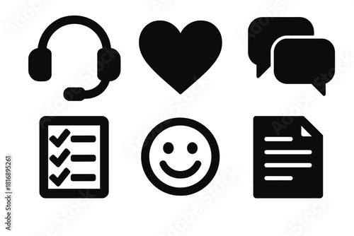 Bold Fulfillment Icons. Customer fulfillment silhouette icon set. headset, heart, chat bubbles, checklist, smile icon, document.