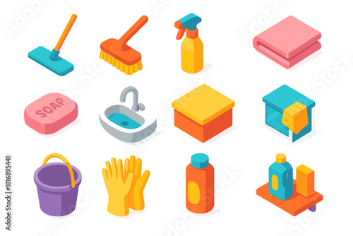 Isometric Cleaning Icons. Home cleaning setup flat icons set. mop, floor brush, spray bottle, towel, soap bar, sink, counter surface, window cloth, bucket, gloves, detergent jar