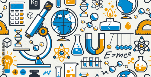 Science seamless pattern, vector endless background with a lot of elements that can be used separately as an icons or illustrations, physics and chemistry wallpaper.
