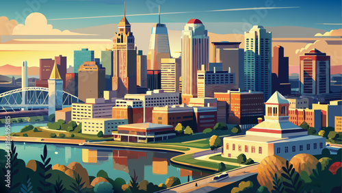 Very beautiful aerial view of downtown Louisville, Kentucky, featuring the city skyline along the Ohio River, with modern high-rises, bridges, and riverfront reflections creating a vibrant and balance