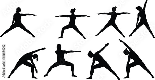 Black Silhouette Collection of Women Performing Various Yoga Asanas: Warrior, Extended Triangle, and Side Angle Poses, Promoting Fitness, Wellness, Meditation, and a Healthy Lifestyle