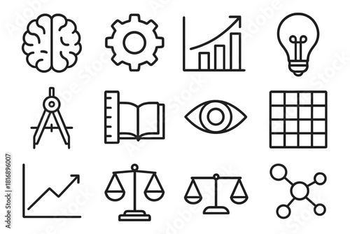 Icons of Analytical Mind. Analytical Mind linear icon set. brain, gear, chart, light bulb, compass, ruler, book, eye, grid, line graph, scale, connection node. , .