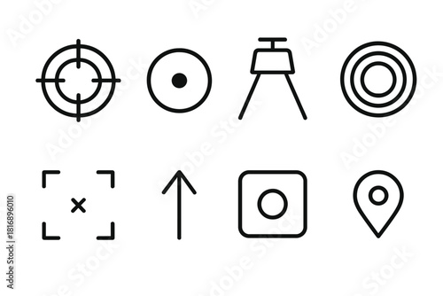 Precision Icons Set. Focus Concept Set linear icon set: target ring, clarity dot, spotlight beam, focus lens, center marker, guided arrow, calm zone tile, precision point